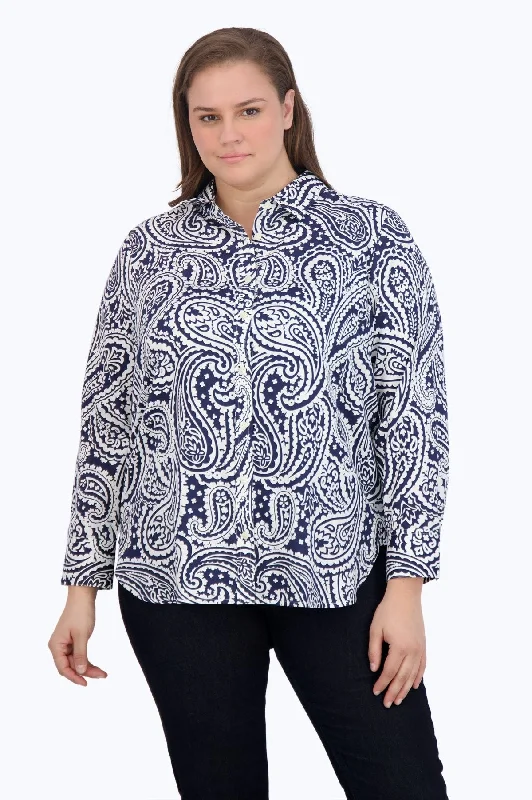 Meghan Plus No Iron No Iron Navy Paisley Shirt-- Cashmere Blend Cotton Blend Poly Blend Meghan Plus No Iron No Iron Navy Paisley Shirt-- Cashmere Blend Cotton Blend Poly Blend