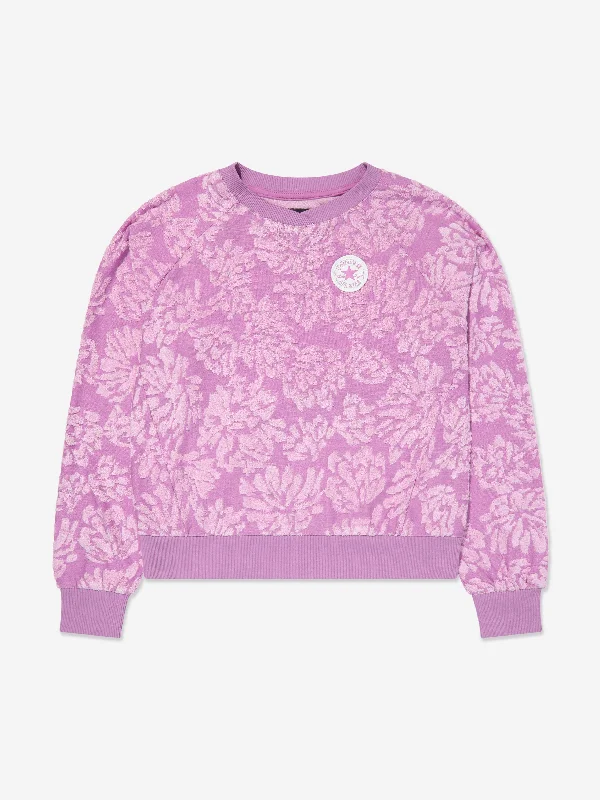 Converse Girls Floral Jacquard Sweatshirt in Purple Hoodie with Drawcord Adjustable Secure Converse Girls Floral Jacquard Sweatshirt in Purple Hoodie with Drawcord Adjustable Secure