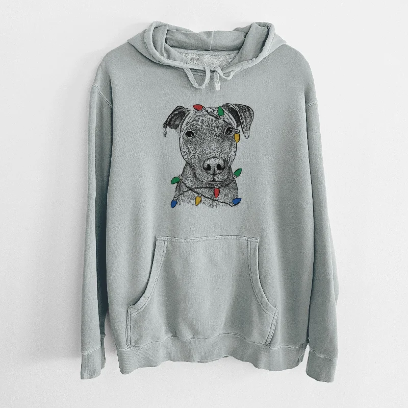 Christmas Lights Reeses the Pitbull - Unisex Pigment Dyed Hoodie Hoodie with Stripes Bold Sporty Christmas Lights Reeses the Pitbull - Unisex Pigment Dyed Hoodie Hoodie with Stripes Bold Sporty