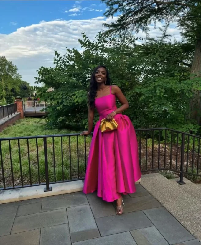 Fuchsia Spaghetti Straps A-Line Satin Long Formal Party Dress, DP3771 High-Low Hemline Casual Fuchsia Spaghetti Straps A-Line Satin Long Formal Party Dress, DP3771 High-Low Hemline Casual