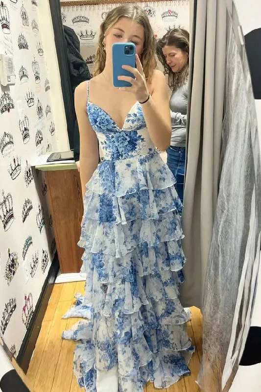 Blue Floral Printed Straps A-Line Layers Long Formal Party Dress, DP3770 Off-the-shoulder Bohemian Festive Blue Floral Printed Straps A-Line Layers Long Formal Party Dress, DP3770 Off-the-shoulder Bohemian Festive