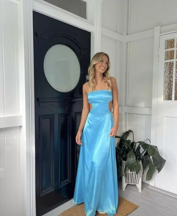 Blue Strapless A-Line Satin Long Party Dress Wedding Guest Dress, DP3698 Boatneck Modish Everyday Blue Strapless A-Line Satin Long Party Dress Wedding Guest Dress, DP3698 Boatneck Modish Everyday
