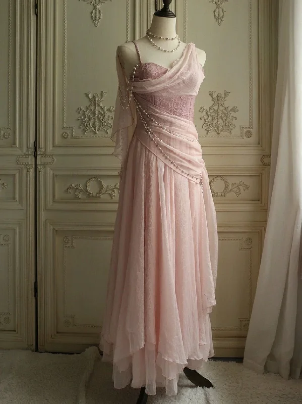 Stunning Pink Straps A-Line Lace Chiffon Long Formal Party Dress, DP3700 Off-the-shoulder Chic Trendy Stunning Pink Straps A-Line Lace Chiffon Long Formal Party Dress, DP3700 Off-the-shoulder Chic Trendy