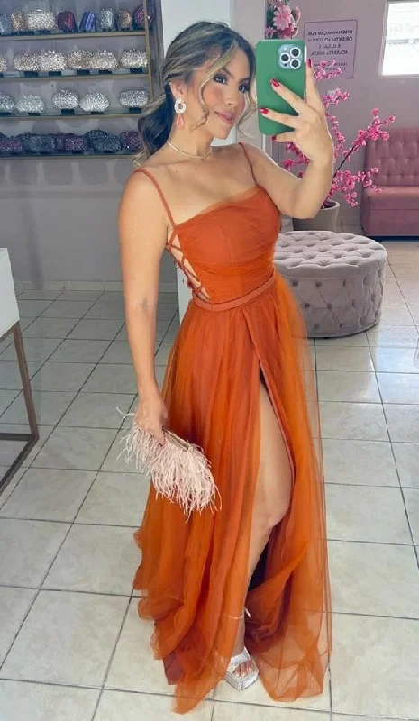 Burnt Orange Spaghetti Straps Tulle A-Line Long Formal Party Dress, DP3630 Tunics Silk luxurious Burnt Orange Spaghetti Straps Tulle A-Line Long Formal Party Dress, DP3630 Tunics Silk luxurious