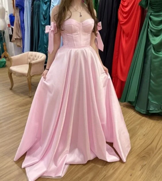 Pink Off Shoulder Sweetheart A-Line Satin Long Formal Party Dress, DP3739 Pleated Skirt Elegant Pink Off Shoulder Sweetheart A-Line Satin Long Formal Party Dress, DP3739 Pleated Skirt Elegant