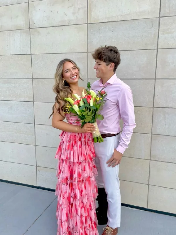 Pink Strapless A-Line Printed Chiffon Tiered Long Party Dress, DP3648 Tunics stripes playful Pink Strapless A-Line Printed Chiffon Tiered Long Party Dress, DP3648 Tunics stripes playful
