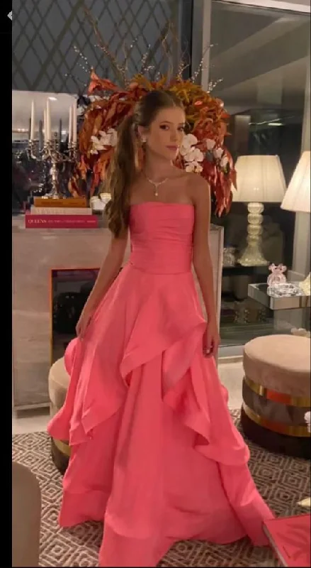 Pink Strapless A-Line Ruffles Satin Long Formal Party Dress, DP3675 Tunics Top Casual Pink Strapless A-Line Ruffles Satin Long Formal Party Dress, DP3675 Tunics Top Casual
