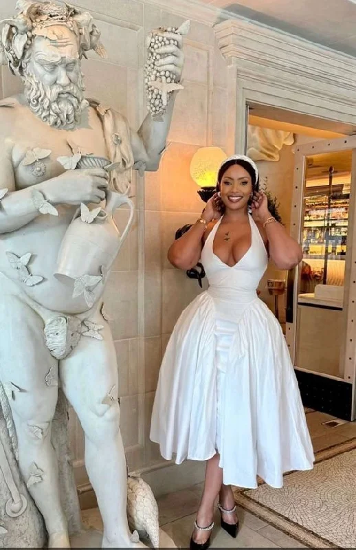 White Halter A-Line Midi Length Party Dress Birthday Outfits, DP3761 Bodycon Fitted Nightout White Halter A-Line Midi Length Party Dress Birthday Outfits, DP3761 Bodycon Fitted Nightout