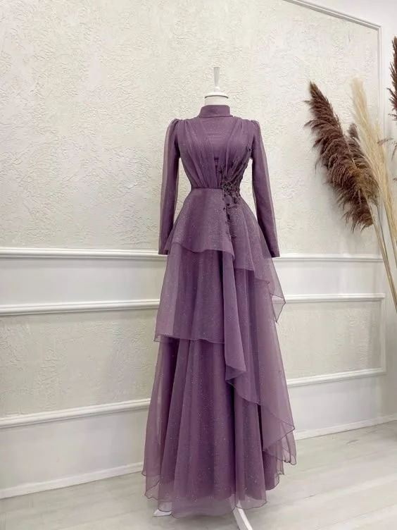 Elegant Purple High Neck Long Sleeves A-Line Formal Party Dress, DP3689 Boat Neckline Classic Elegant Purple High Neck Long Sleeves A-Line Formal Party Dress, DP3689 Boat Neckline Classic