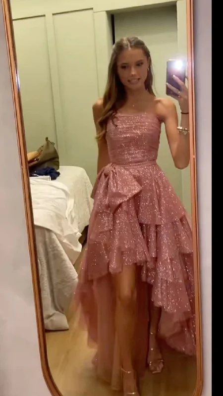 Shiny Pink Strapless A-Line High-Low Party Dress Birthday Gowns, DP3745 Peplum Ruffle Cocktail Shiny Pink Strapless A-Line High-Low Party Dress Birthday Gowns, DP3745 Peplum Ruffle Cocktail