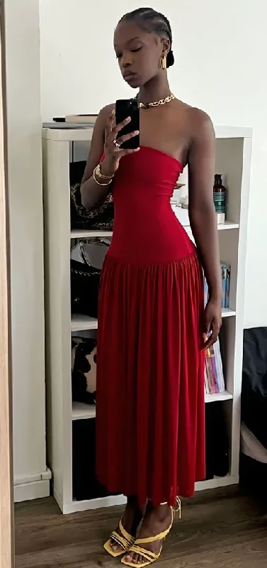 Charming Red Strapless A-Line Long Party Dress Wedding Guest Dress, DP3787 Glittery Long Formal Charming Red Strapless A-Line Long Party Dress Wedding Guest Dress, DP3787 Glittery Long Formal