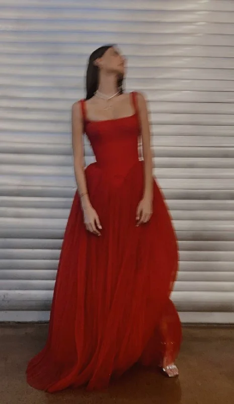 Charming Red Square Neck A-Line Tulle Long Formal Party Dress, DP3729 Shift Classic Vintage Charming Red Square Neck A-Line Tulle Long Formal Party Dress, DP3729 Shift Classic Vintage