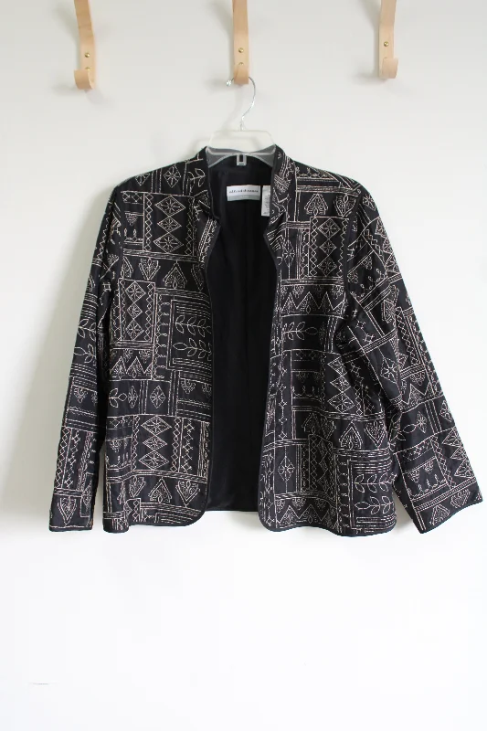 Alfred Dunner Black Embroidered Light Jacket | 14 Petite Denim Fabric Leather Fabric Suede Fabric Alfred Dunner Black Embroidered Light Jacket | 14 Petite Denim Fabric Leather Fabric Suede Fabric