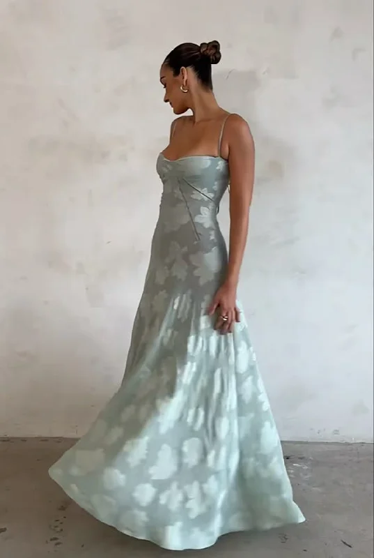 Dusty Blue Spaghetti Straps A-Line Long Party Dress Wedding Guest Dress, DP3684 Crew Neckline Casual Dusty Blue Spaghetti Straps A-Line Long Party Dress Wedding Guest Dress, DP3684 Crew Neckline Casual