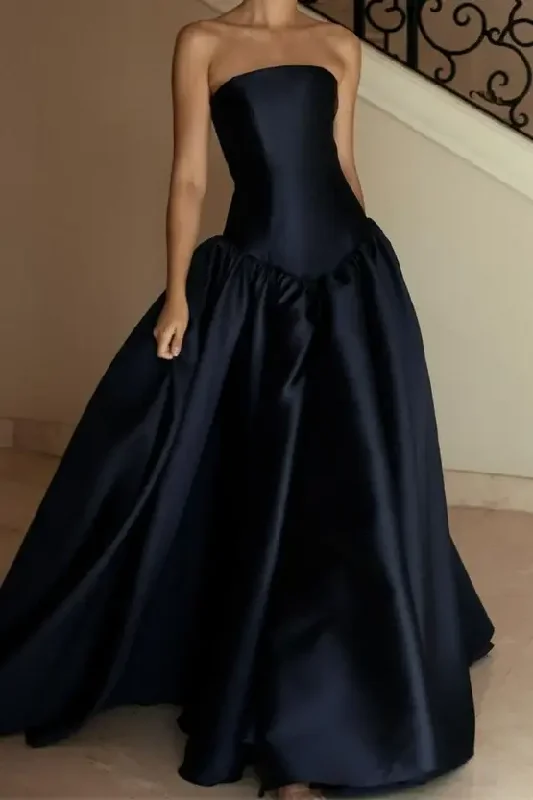 Navy Blue Strapless A-Line Satin Long Formal Party Dress, DP3653 Tunics Solid Classic Navy Blue Strapless A-Line Satin Long Formal Party Dress, DP3653 Tunics Solid Classic
