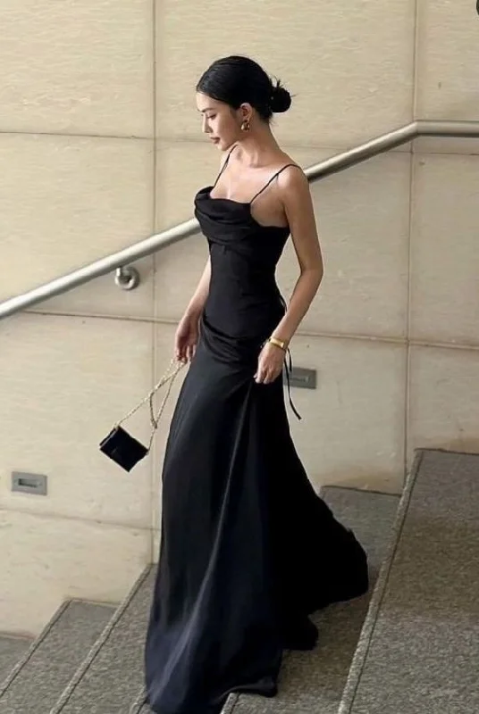 Black Spaghetti Straps A-Line Satin Long Formal Party Dress, DP3668 Tunics Short Trendy Black Spaghetti Straps A-Line Satin Long Formal Party Dress, DP3668 Tunics Short Trendy