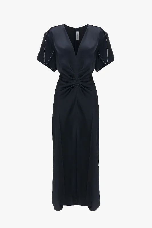 Exclusive Gathered V-Neck Midi Dress In Navy