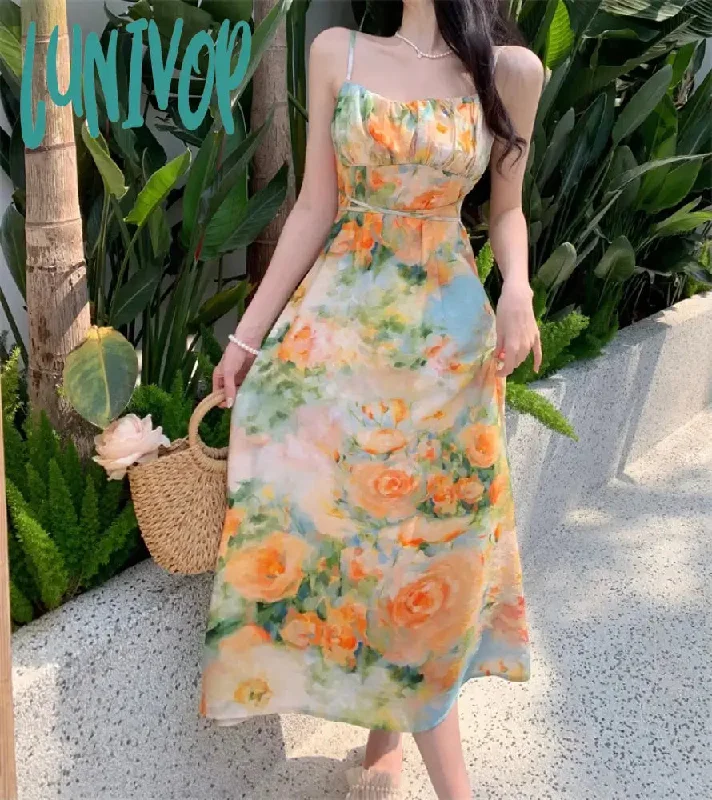 Lunivop Summer New Midi Spaghetti Strap Dresses Women Floral Print Dress Elegant And Chic with Casual Party Holiday Dress High Quality