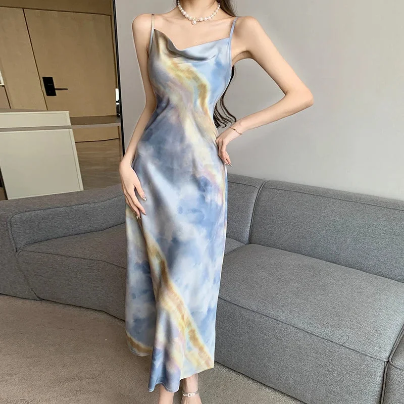 Lunivop Women French Fashion Print Spaghetti Straps Midi Dress Summer Elegant Slim A-Line Dresses Female Sleeveless Beach Vestidos