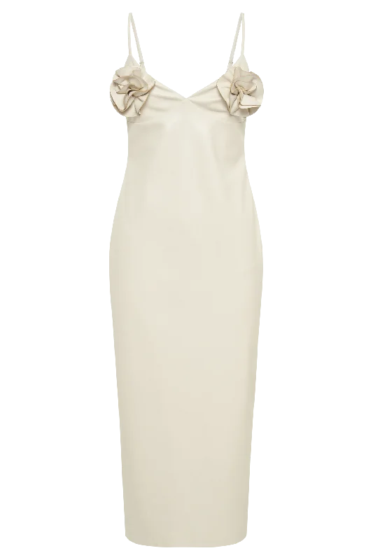 Mariam Faux Leather Rose Midi Dress - Ivory