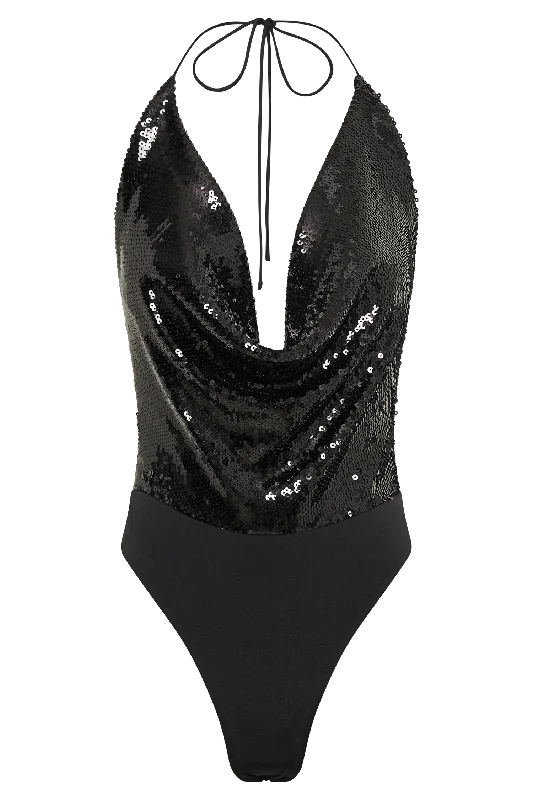 Nathalie Sequin Cowl Bodysuit - Black