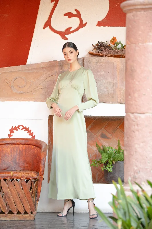 Pistachio Satin Long Sleeve Maxi Dress