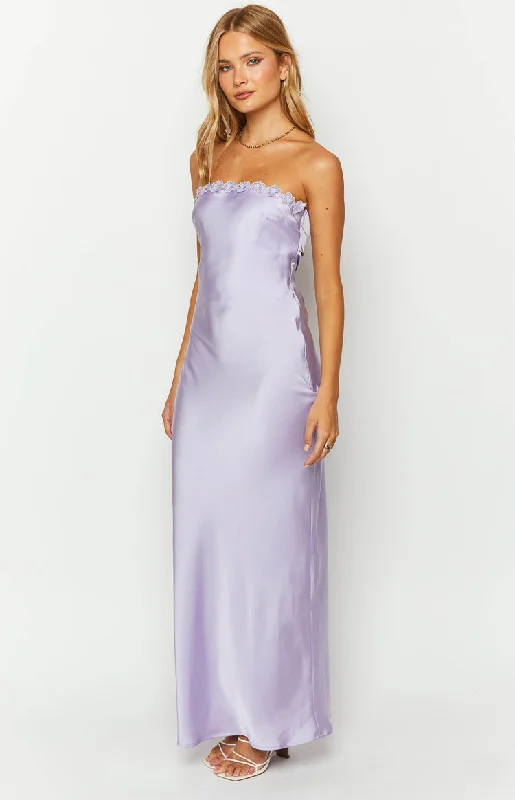 Rhea Purple Satin Strapless Maxi Dress