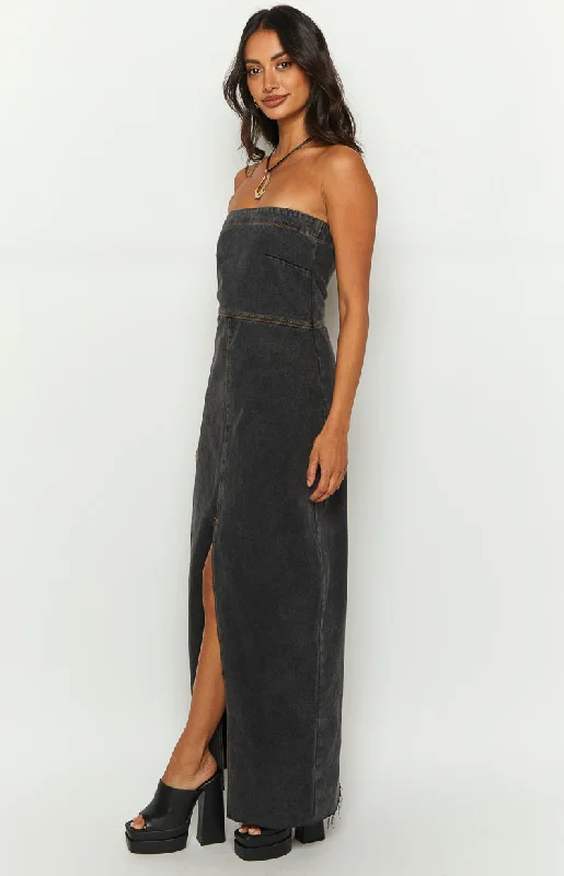 Romey Black Denim Strapless Maxi Dress