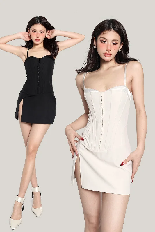 Trina Solod Color Spaghetti Strap Corset Side Split Mini Dress