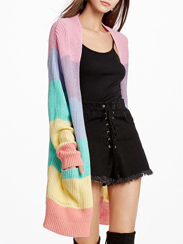 Long Rainbow Color Loose Women Cardigan Sweater