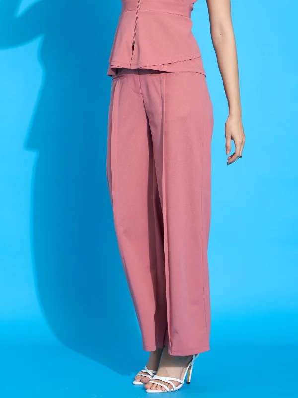 Women Peach Front Pleated Straight Fit Trousers