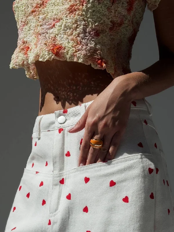 Stylish Heart-Patterned White Pants