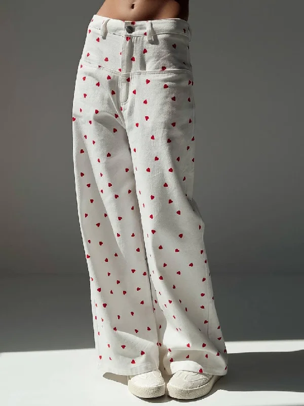 Stylish Heart-Patterned White Pants