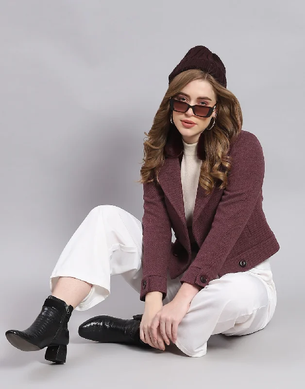 Women Maroon Solid Lapel Collar Full Sleeve Coat