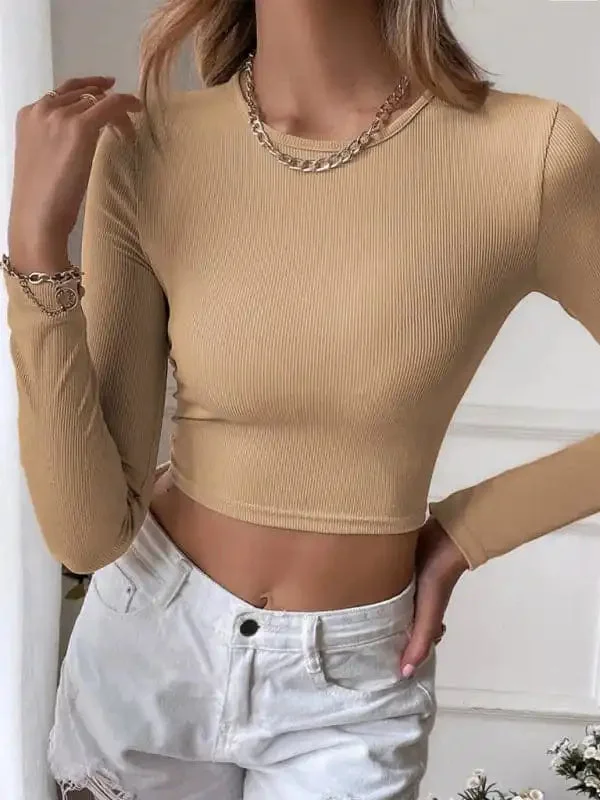 Women’s Knitted Sexy Backless Cropped Long Sleeve T-Shirt