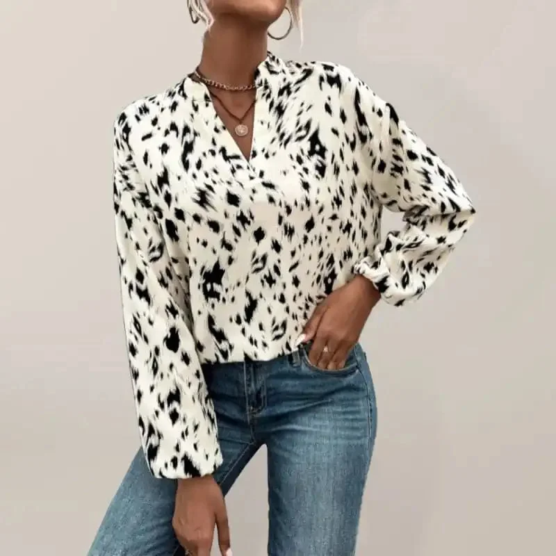 Women’s Long Sleeve Stand Collar V-neck Blouse In Leopard Print