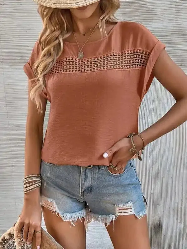 Women’s Solid Color Lace Trim Short Sleeve Tops