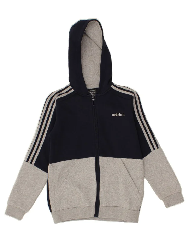 ADIDAS Boys Zip Hoodie Sweater 9-10 Years Navy Blue Colourblock Cotton