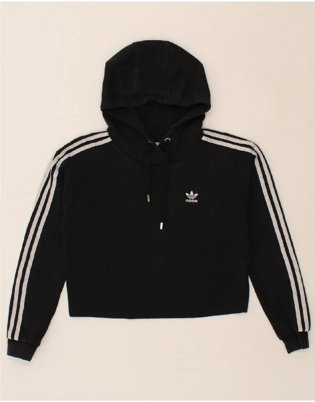 ADIDAS Womens Crop Hoodie Jumper UK 12 Medium  Black Cotton