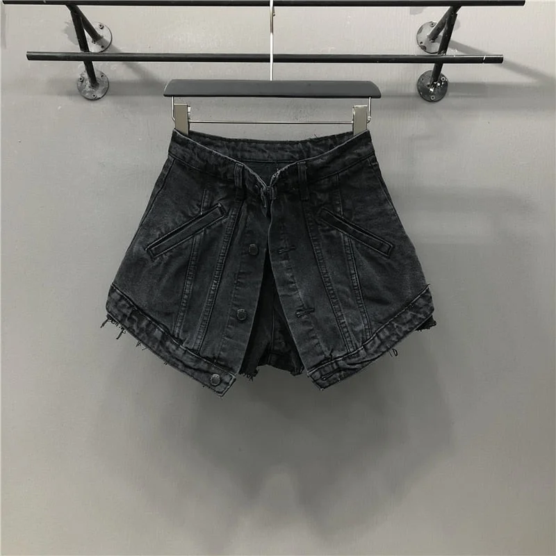 High Waist Open Button Skirt Denim Shorts