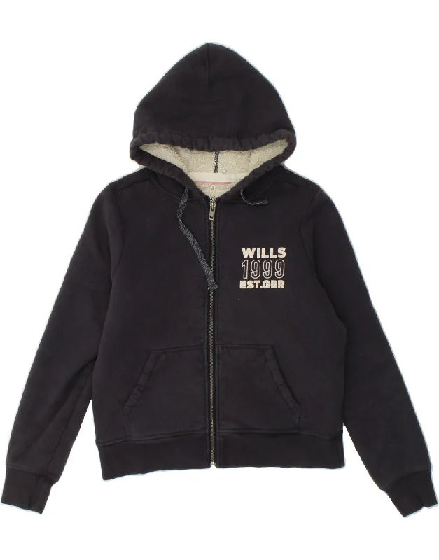 JACK WILLS Womens Graphic Zip Hoodie Sweater UK 10 Small Navy Blue