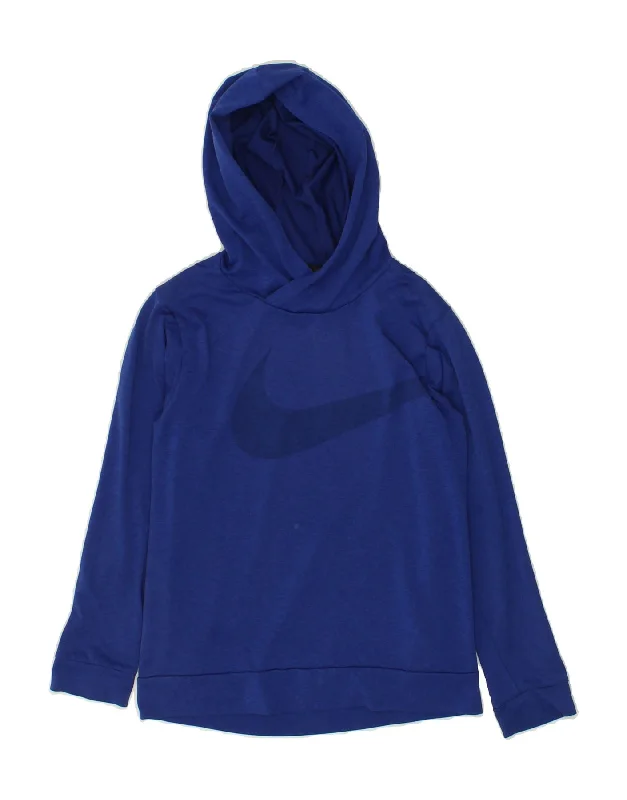 NIKE Boys Dri Fit Graphic Hoodie Jumper 10-11 Years Medium Blue Polyester