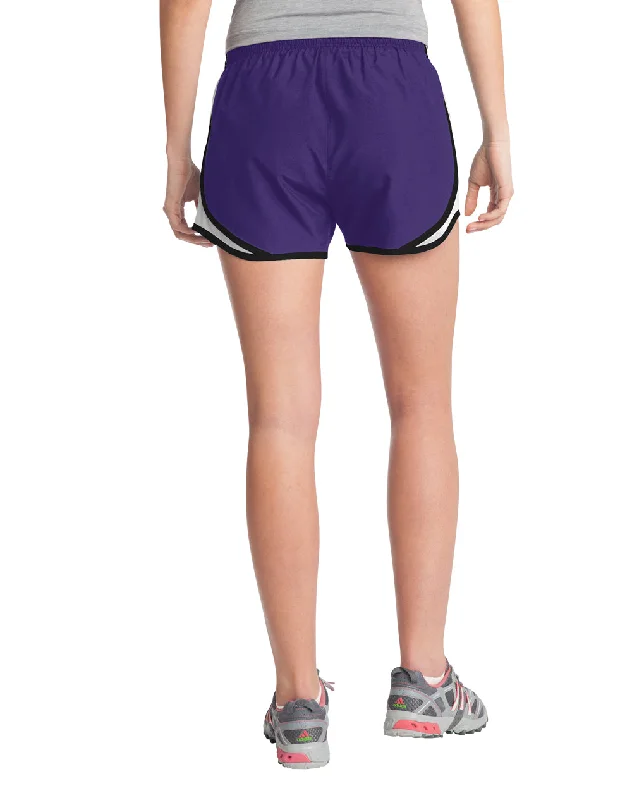 Sport-Tek Womens Cadence Moisture Wicking Shorts - Purple/White/Black