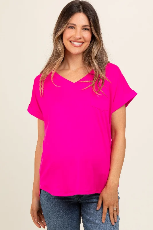 Fuchsia V-Neck Pocket Short Sleeve Maternity Shirt