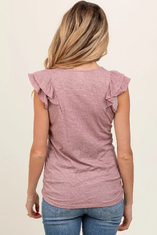 Mauve Heathered Ruffle Cap Sleeve Maternity Top