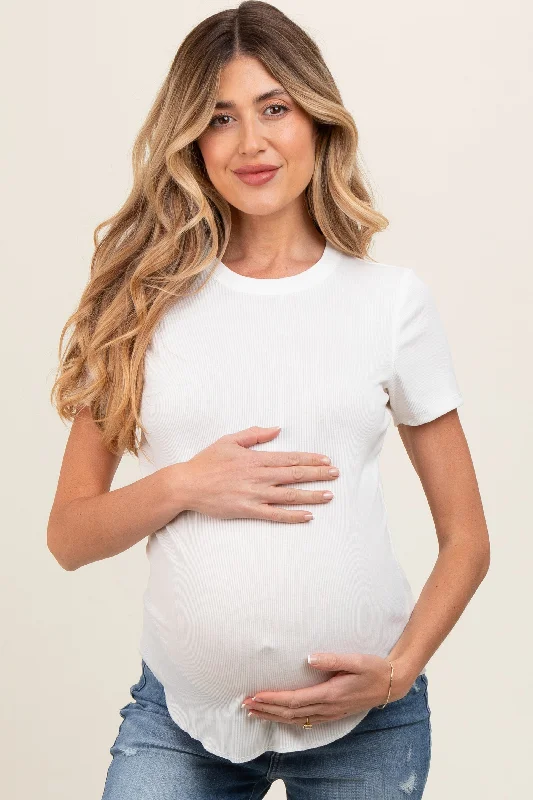 White Ribbed Short Sleeve Curved Hem Maternity Top