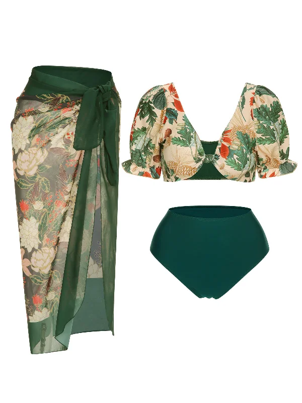 1950s Tropical Plant Patchwork Bikini Set & Cover-Up Lace bikini top, Feminine, Chic, Sexy 1950s Tropical Plant Patchwork Bikini Set & Cover-Up Lace bikini top, Feminine, Chic, Sexy