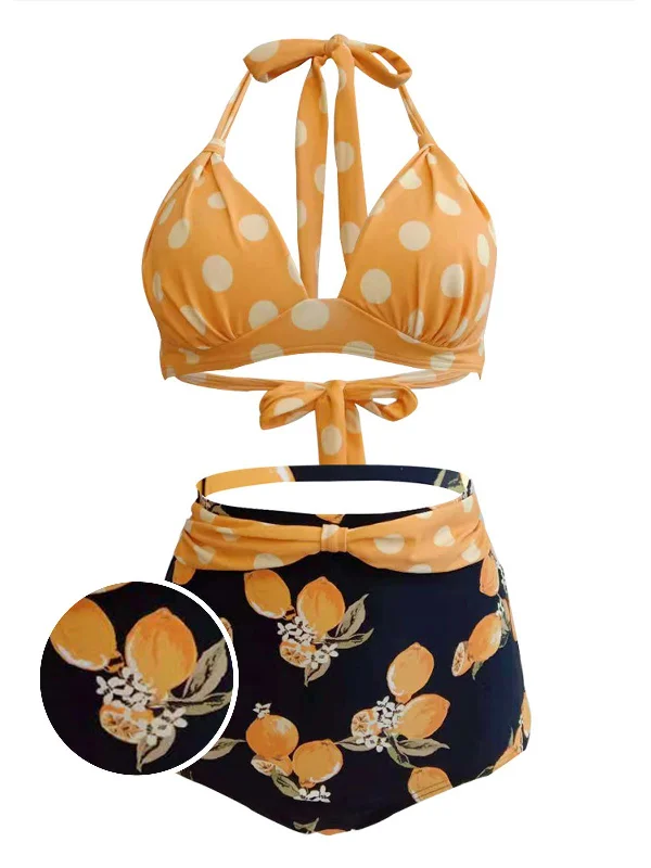 Lemon Polka Dot Halter Bikini High-waisted two-piece bikini, Vintage style, Comfortable, Sexy Lemon Polka Dot Halter Bikini High-waisted two-piece bikini, Vintage style, Comfortable, Sexy