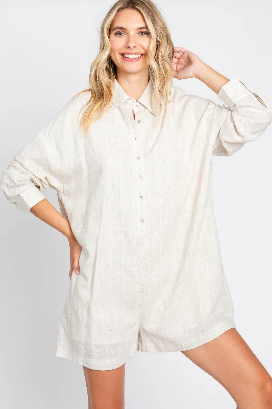 Beige Button Front Long Sleeve Linen Romper Strap jumpsuit, Simple design, Trendy, Casual Beige Button Front Long Sleeve Linen Romper Strap jumpsuit, Simple design, Trendy, Casual