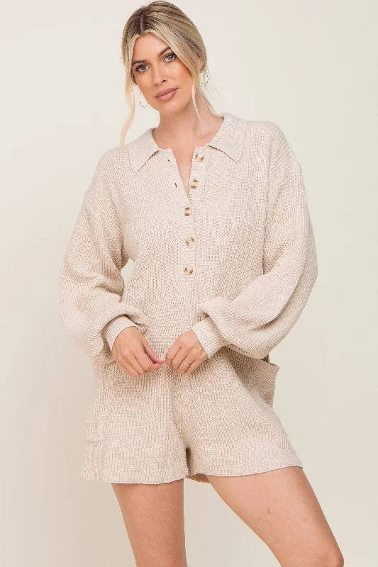 Cream Button Down Sweater Romper Wide-leg jumpsuit, Bohemian style, Relaxed fit, Trendy Cream Button Down Sweater Romper Wide-leg jumpsuit, Bohemian style, Relaxed fit, Trendy